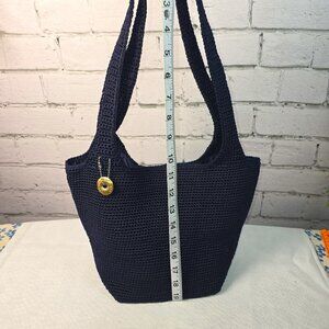 THE SAK NAVY CROCHETED DOUBLE STRAP BUCKET SHOULDER BAG PURSE EUC